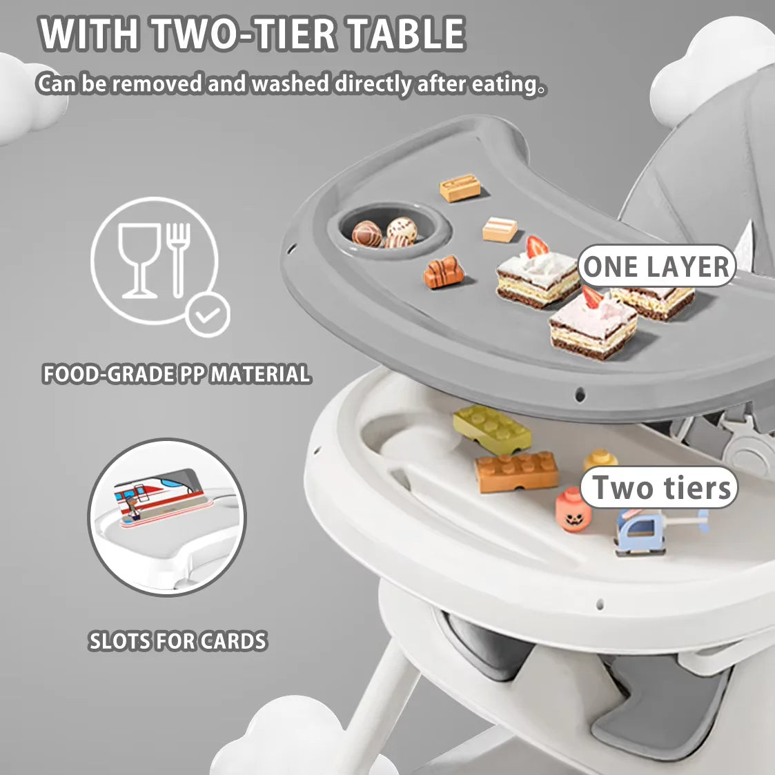 Chaise Haute Pliable Bébé 2 en 1 - Plateau Double Jouet Inclus Facile à Nettoyer