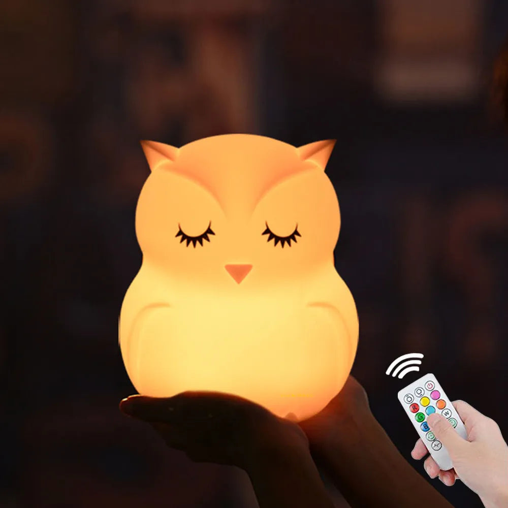 Veilleuse LED Hibou Silicone - Tactile Télécommande 9 Couleurs Rechargeable