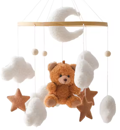 Mobile Bébé Bois Naturel - Nuages & Ourson Style Scandinave Lit Berceau