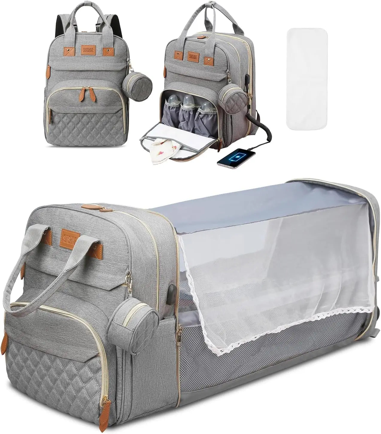 Sac à langer 3 en 1 — Sac à dos imperméable avec lit de voyage & port USB, multifonction