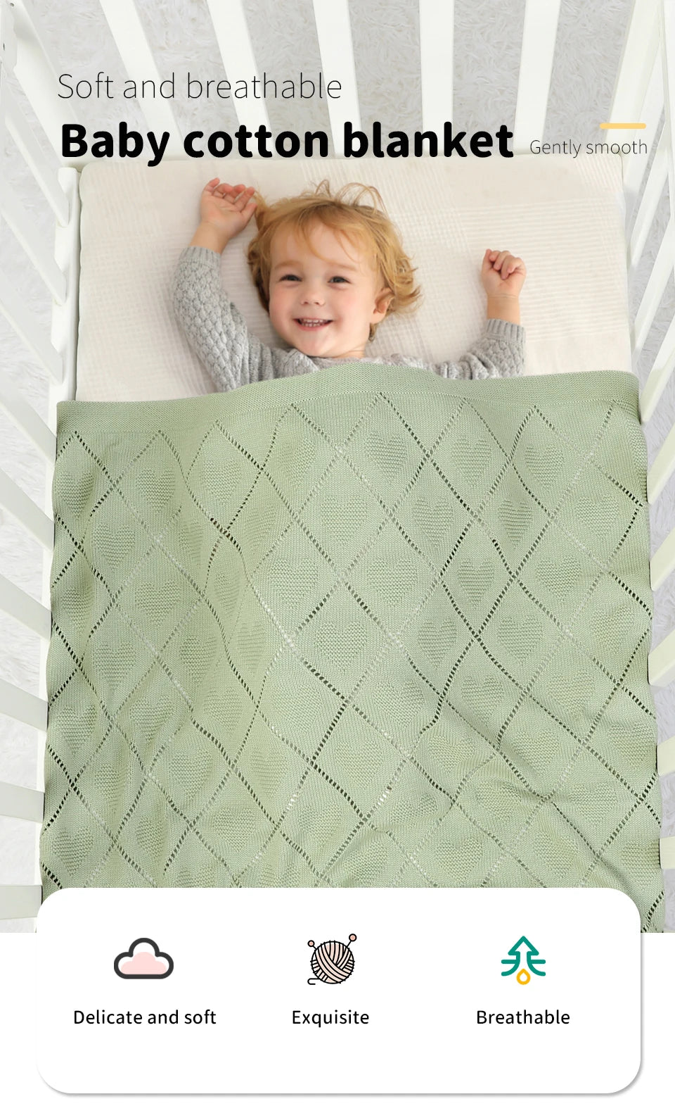 Couverture Tricot Bébé - Plaid Coton Doux Poussette & Lit 90x70cm