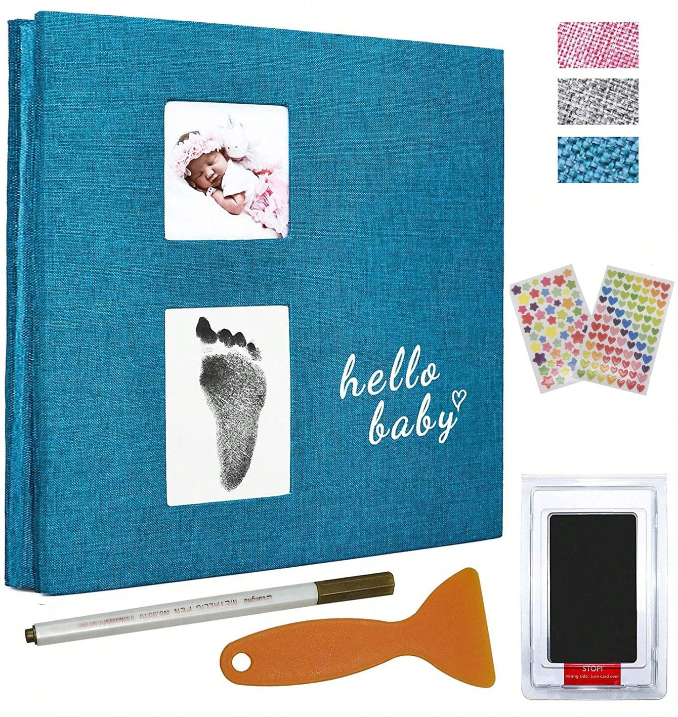 Album photo bébé avec kit empreinte — Pages autocollantes, stylo métal inclus, cadeau naissance