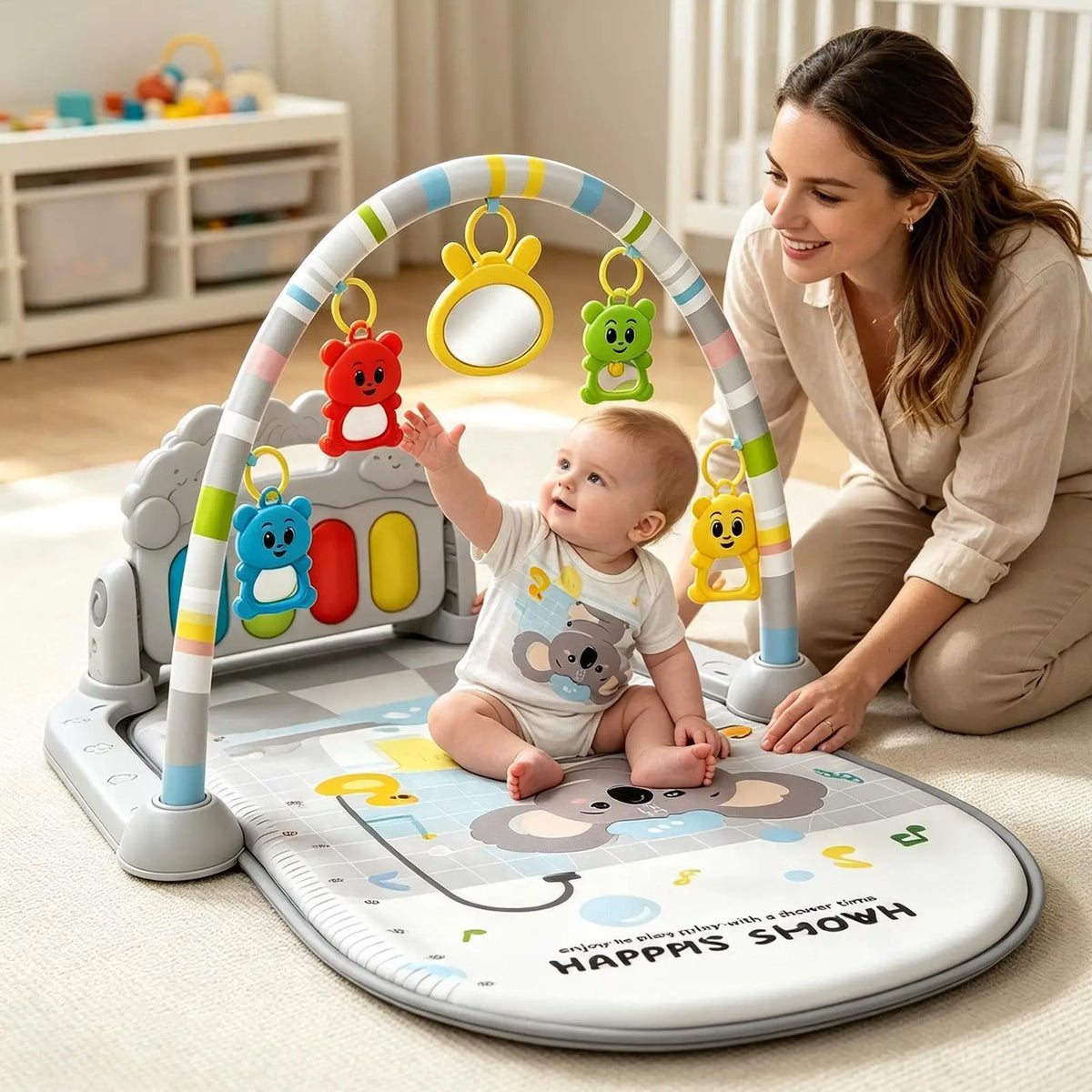 Tapis d'Éveil Musical avec Arche de Jeu – Portique Sensoriel Lumineux pour Bébé