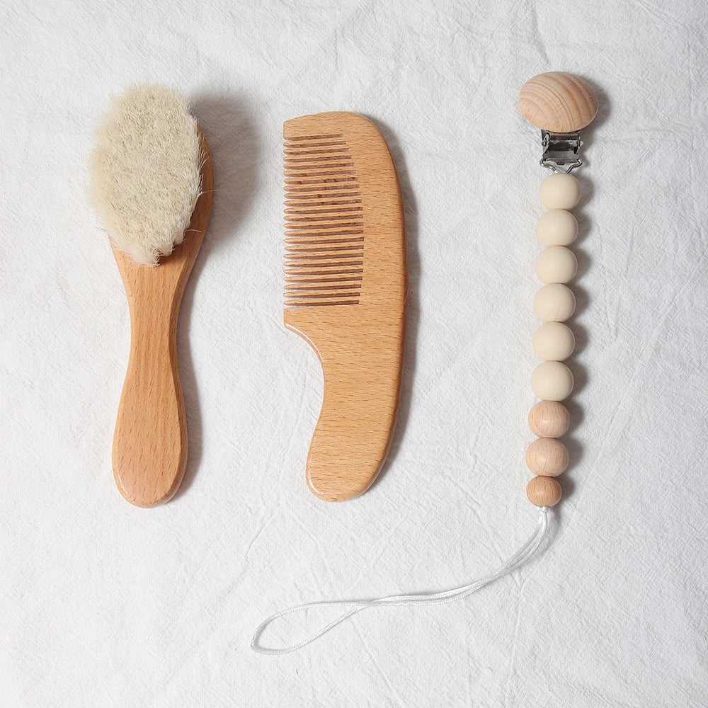 Set Brosse & Peigne Bébé en Bois Naturel — Laine Douce Nouveau-Né, Cadeau Naissance