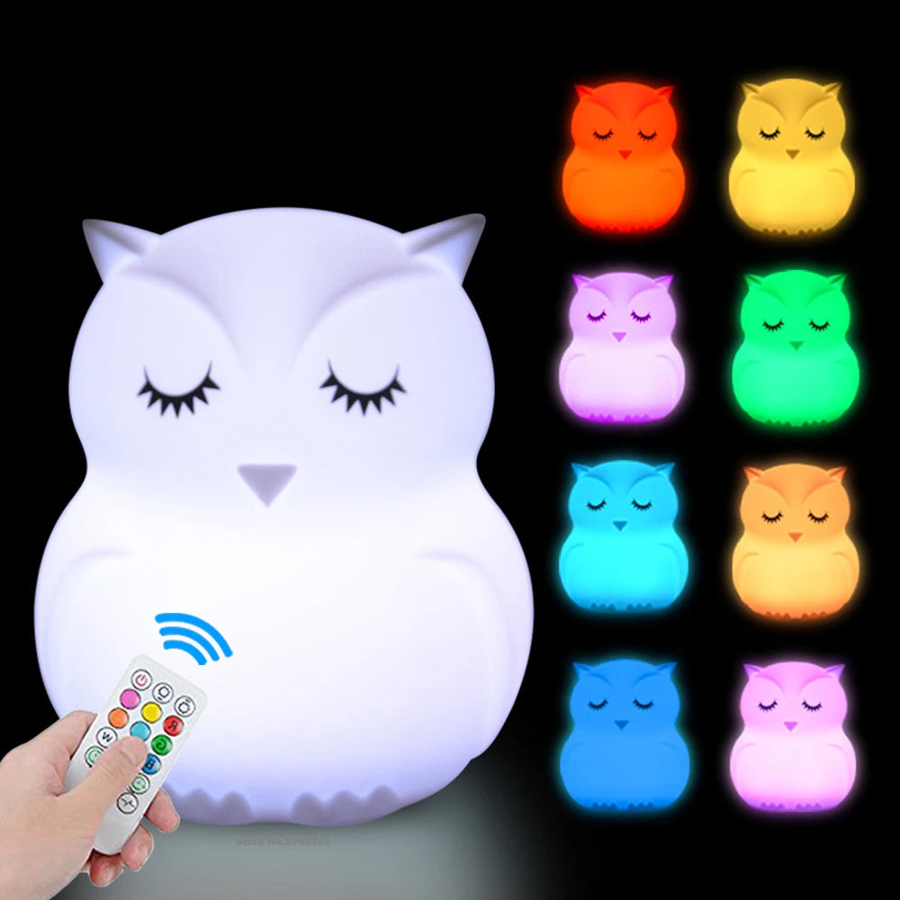 Veilleuse LED Hibou Silicone - Tactile Télécommande 9 Couleurs Rechargeable