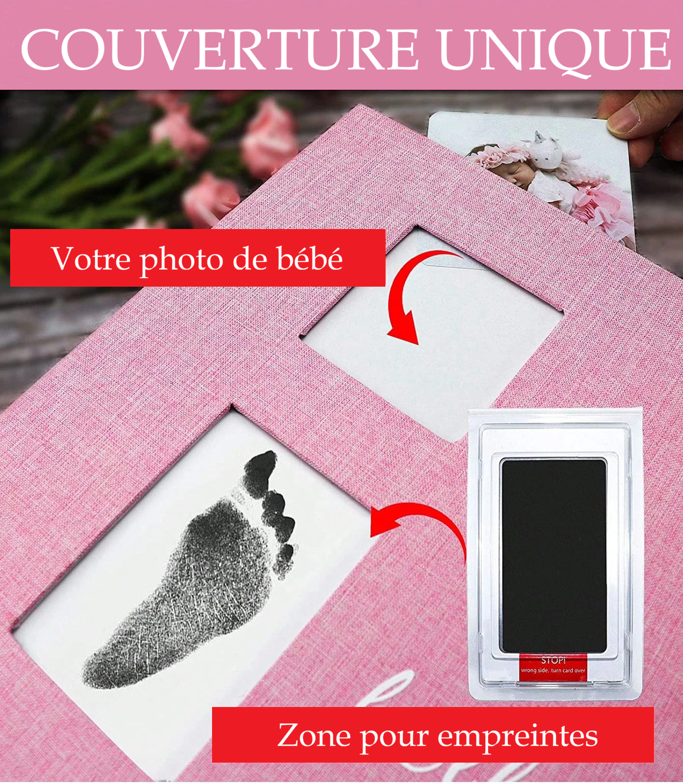 Album photo bébé avec kit empreinte — Pages autocollantes, stylo métal inclus, cadeau naissance