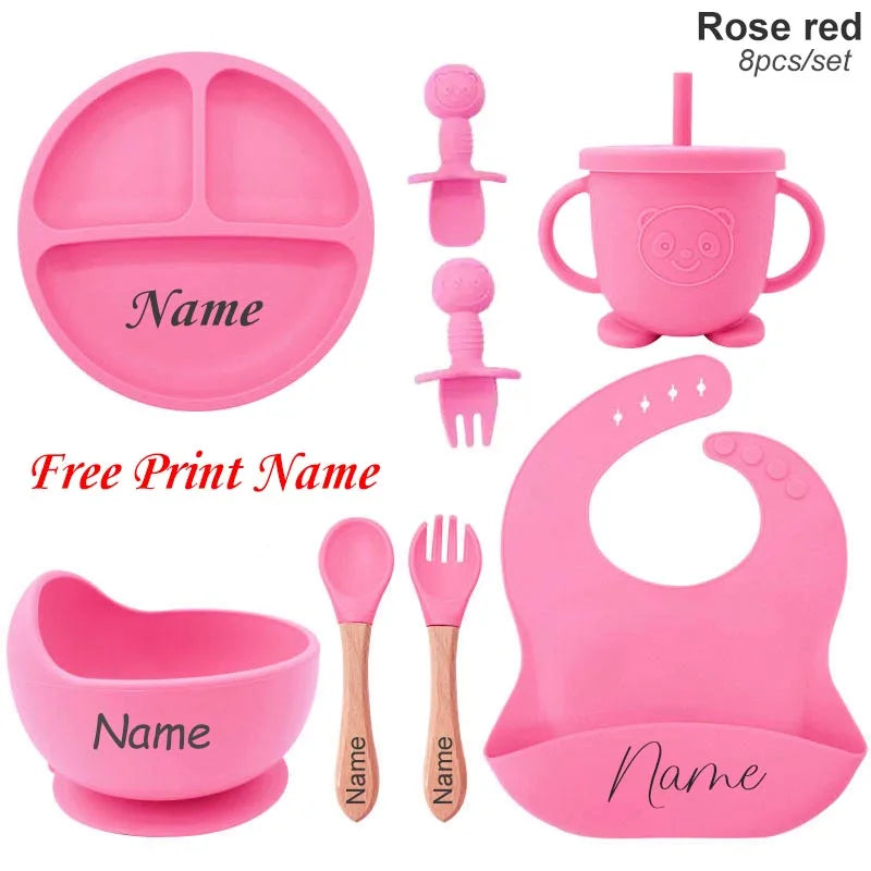 Kit Repas Bébé Silicone Personnalisé - Assiette Bol Tasse Couverts Prénom