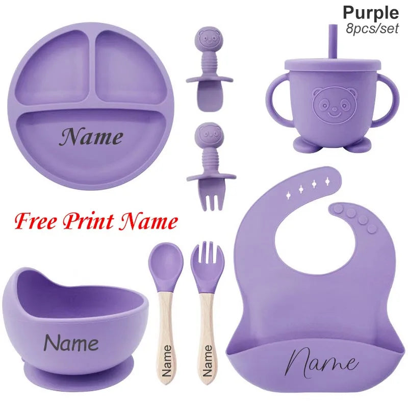 Kit Repas Bébé Silicone Personnalisé - Assiette Bol Tasse Couverts Prénom