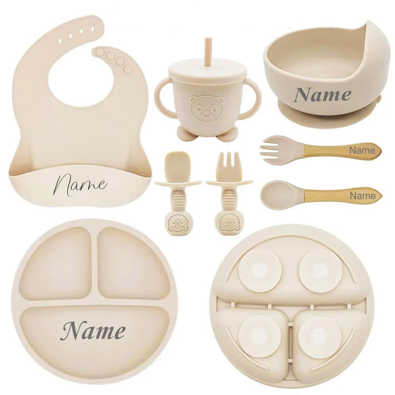 Kit Repas Bébé Silicone Personnalisé - Assiette Bol Tasse Couverts Prénom