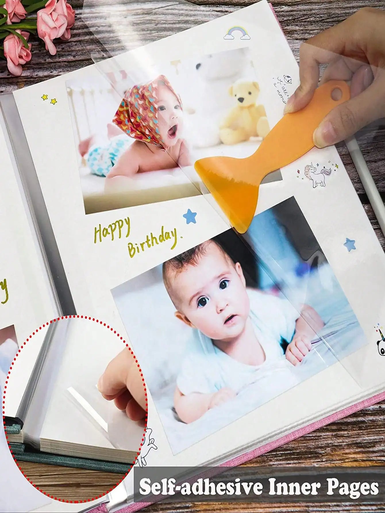 Album photo bébé avec kit empreinte — Pages autocollantes, stylo métal inclus, cadeau naissance