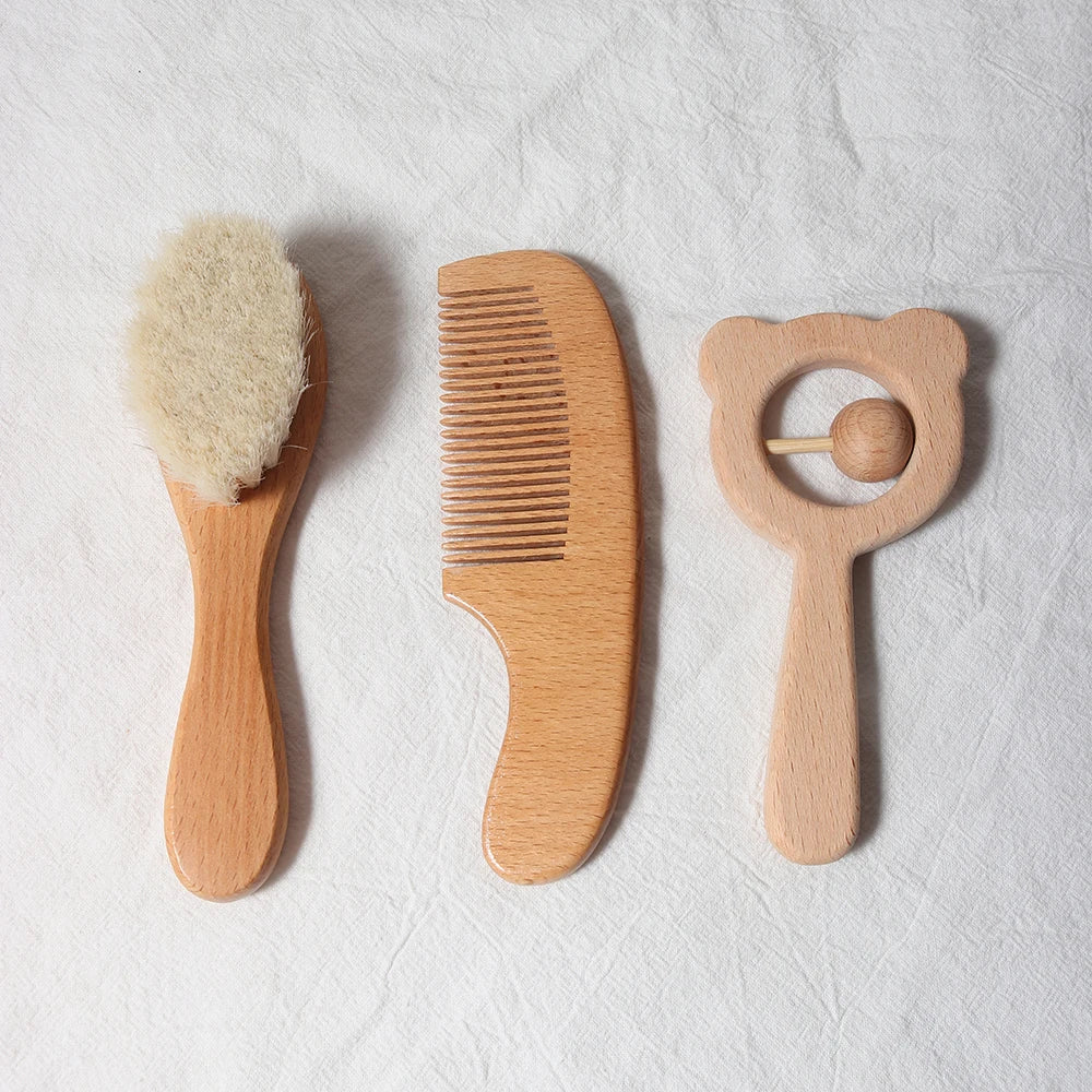 Set Brosse & Peigne Bébé en Bois Naturel — Laine Douce Nouveau-Né, Cadeau Naissance