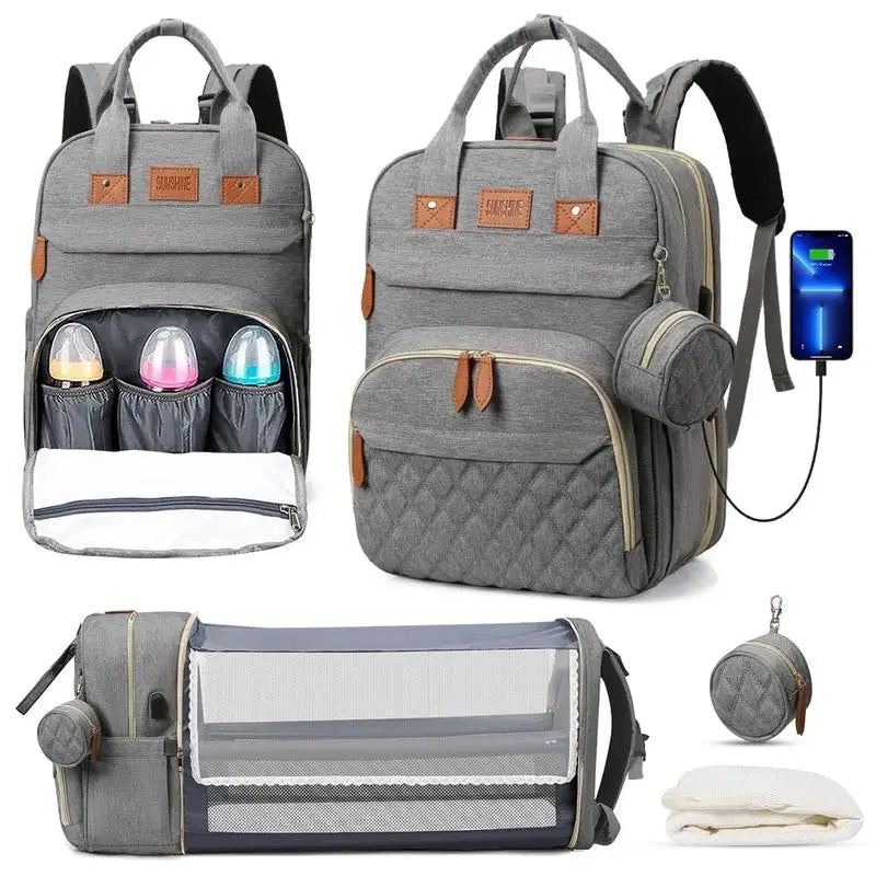 Sac à langer 3 en 1 — Sac à dos imperméable avec lit de voyage & port USB, multifonction