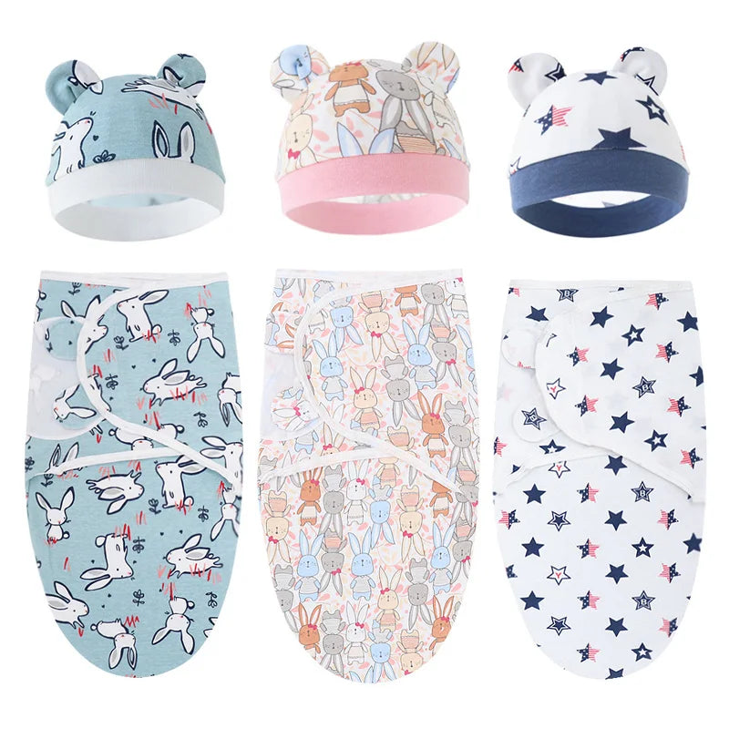 Kit Emmaillotage Bébé + Bonnet - Ensemble Coton Imprimé 0-6 Mois