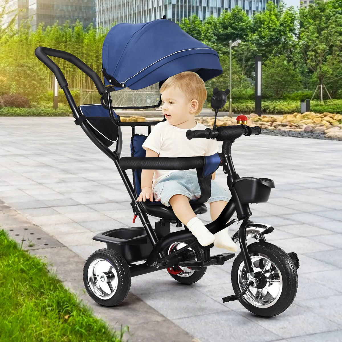 Tricycle Évolutif Bébé 4 en 1 – Guidon Parent, Siège Pivotant & Auvent Pare-Soleil