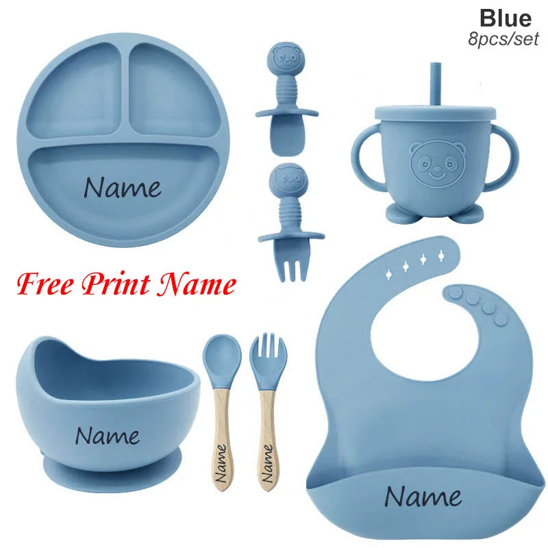 Kit Repas Bébé Silicone Personnalisé - Assiette Bol Tasse Couverts Prénom