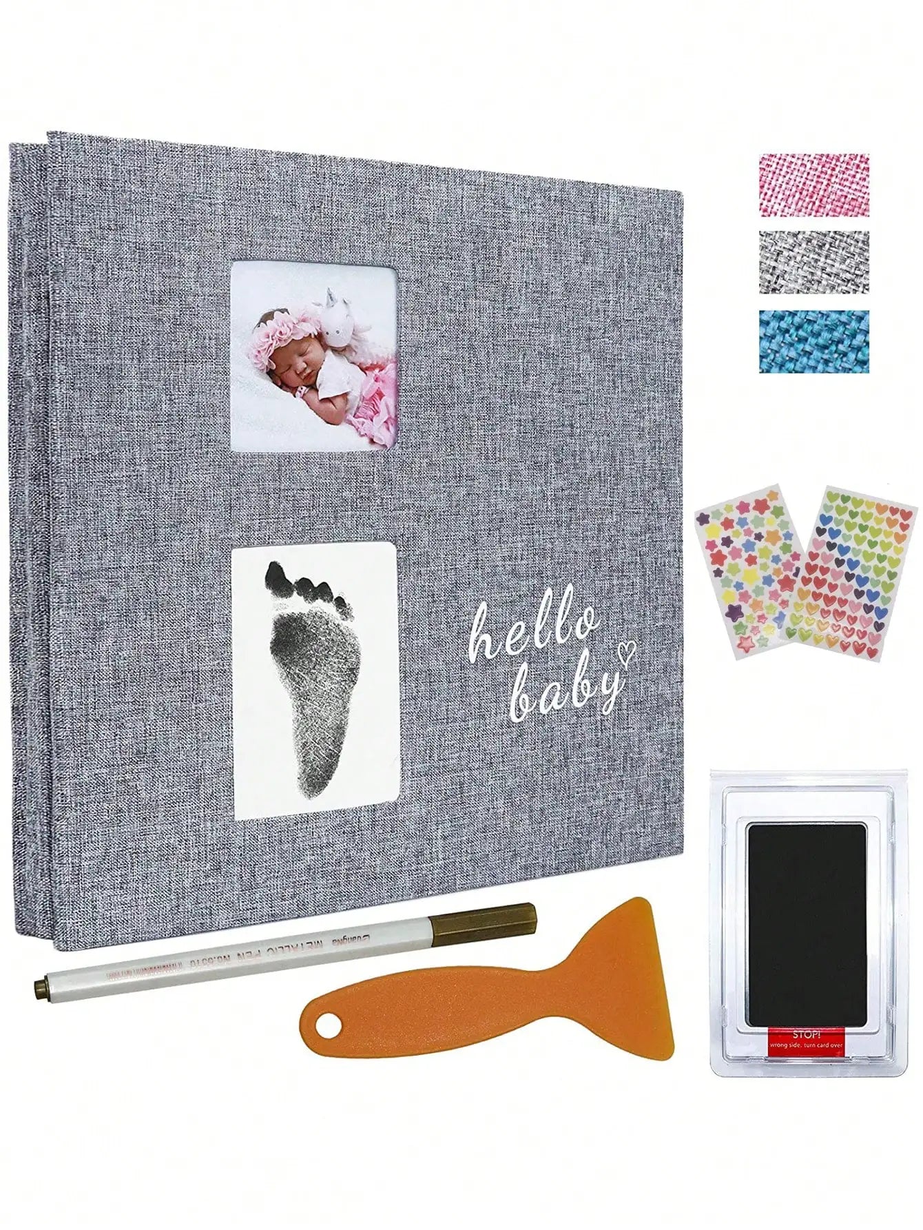Album photo bébé avec kit empreinte — Pages autocollantes, stylo métal inclus, cadeau naissance