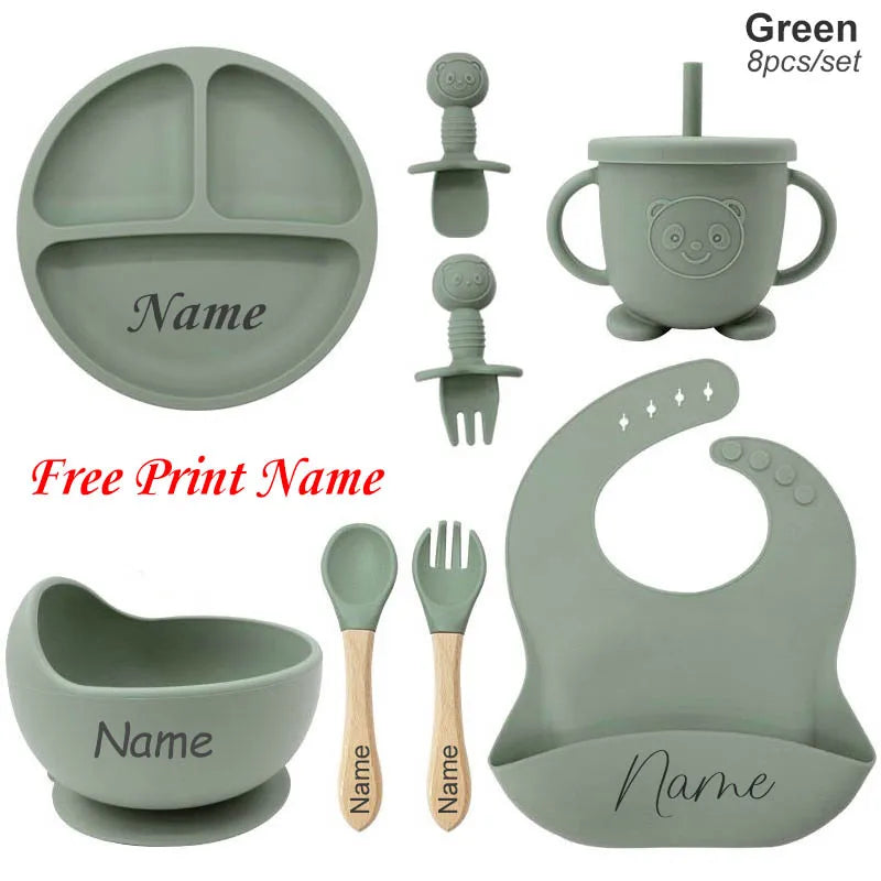 Kit Repas Bébé Silicone Personnalisé - Assiette Bol Tasse Couverts Prénom