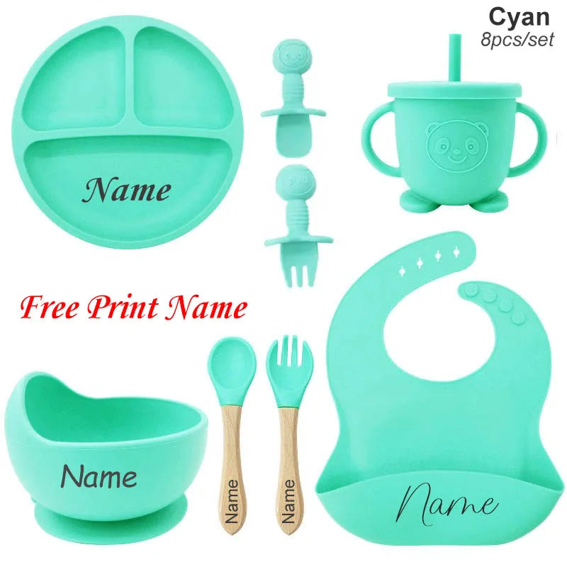 Kit Repas Bébé Silicone Personnalisé - Assiette Bol Tasse Couverts Prénom