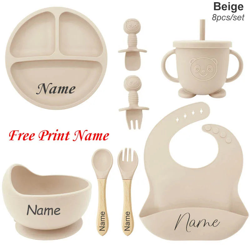 Kit Repas Bébé Silicone Personnalisé - Assiette Bol Tasse Couverts Prénom