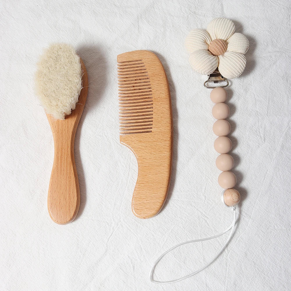 Set Brosse & Peigne Bébé en Bois Naturel — Laine Douce Nouveau-Né, Cadeau Naissance