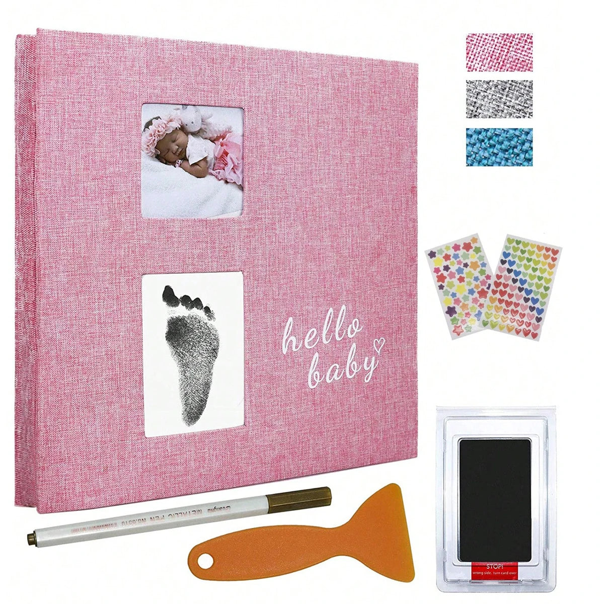 Album photo bébé avec kit empreinte — Pages autocollantes, stylo métal inclus, cadeau naissance