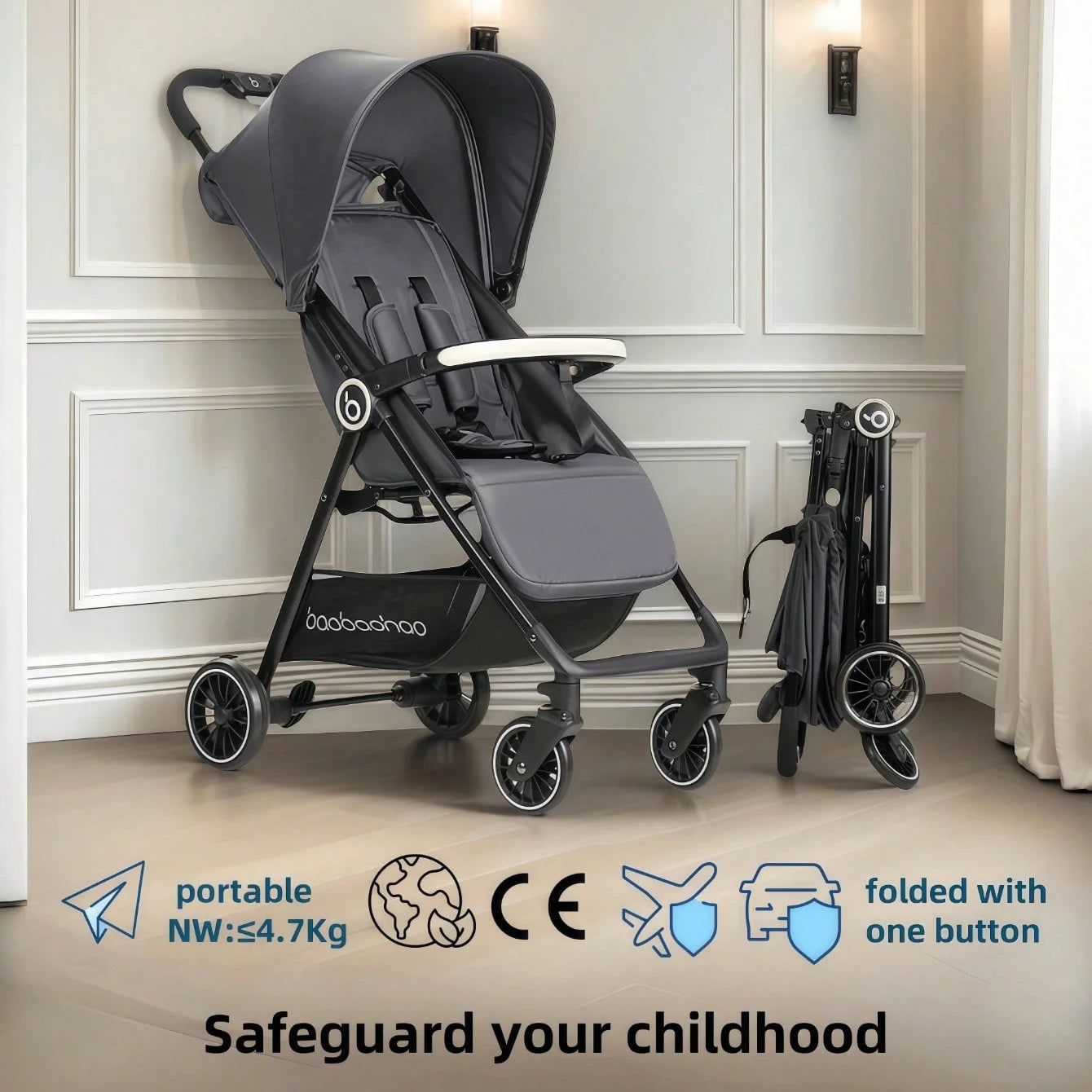 Poussette Parapluie Légère 4,7kg - Pliage Une Main CE Certifiée Respirante