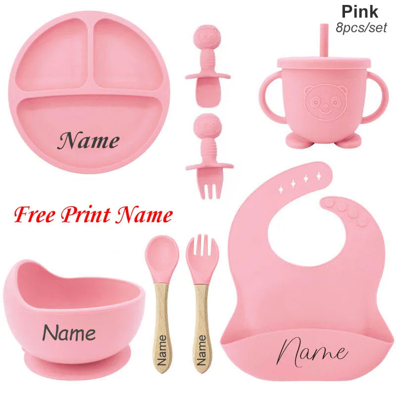 Kit Repas Bébé Silicone Personnalisé - Assiette Bol Tasse Couverts Prénom