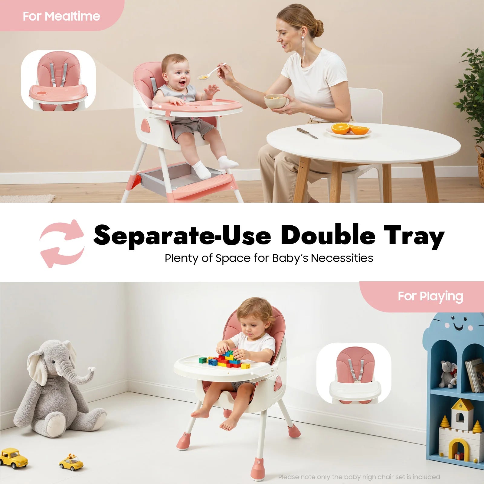 Chaise Haute Bébé Réglable - Double Plateau Antidérapant 6 Mois à 6 Ans