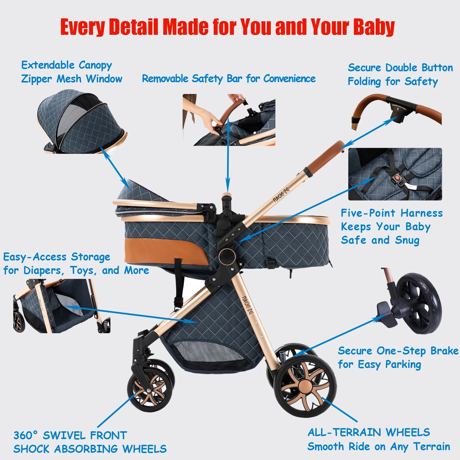 Poussette Trio 3 en 1 Bébé - Siège Auto Nacelle Pliable Voyage