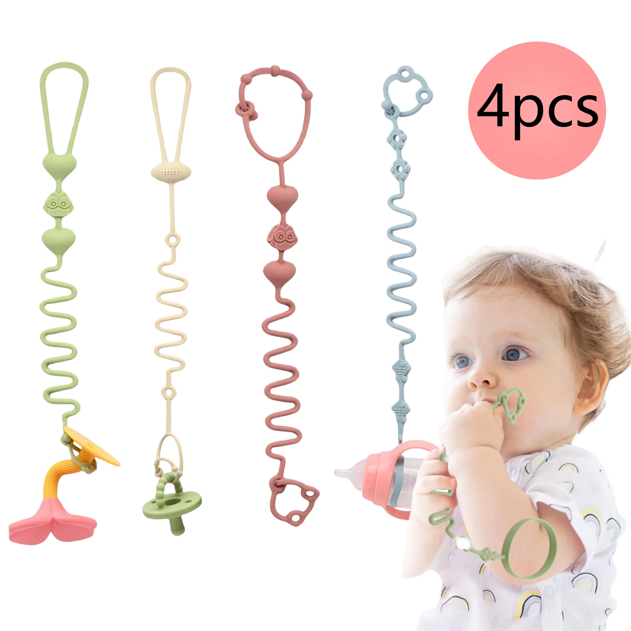 Lot 4 Chaînes de Sucette Silicone - Attache Tétine Ajustable Bébé