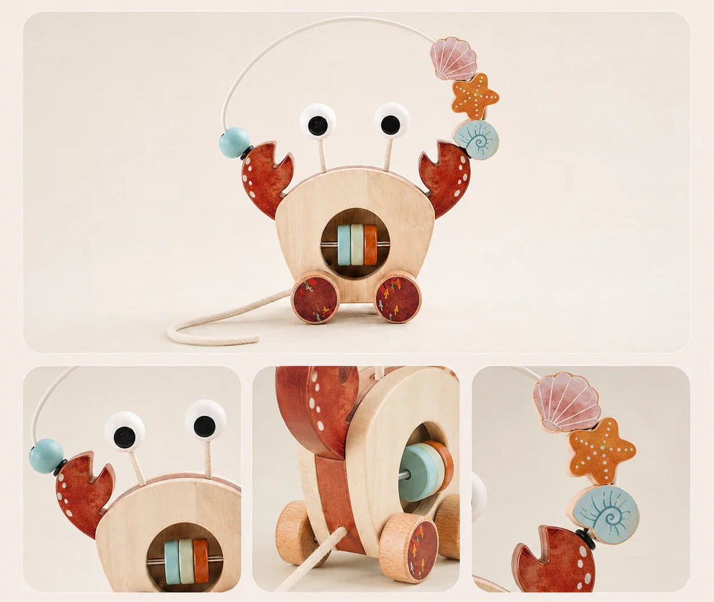 Jouet à Tirer Crabe en Bois – Labyrinthe de Perles Montessori, 1-3 Ans