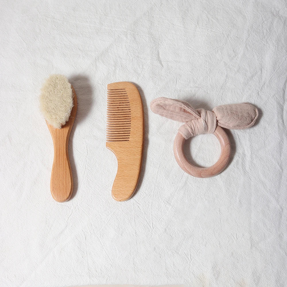 Set Brosse & Peigne Bébé en Bois Naturel — Laine Douce Nouveau-Né, Cadeau Naissance