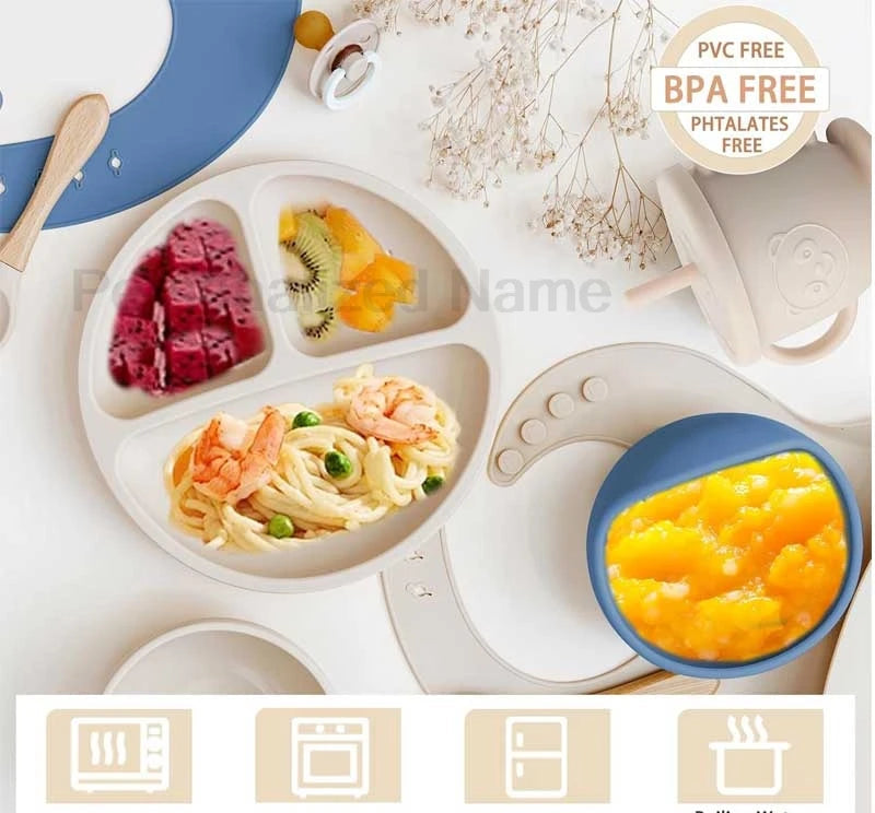 Kit Repas Bébé Silicone Personnalisé - Assiette Bol Tasse Couverts Prénom