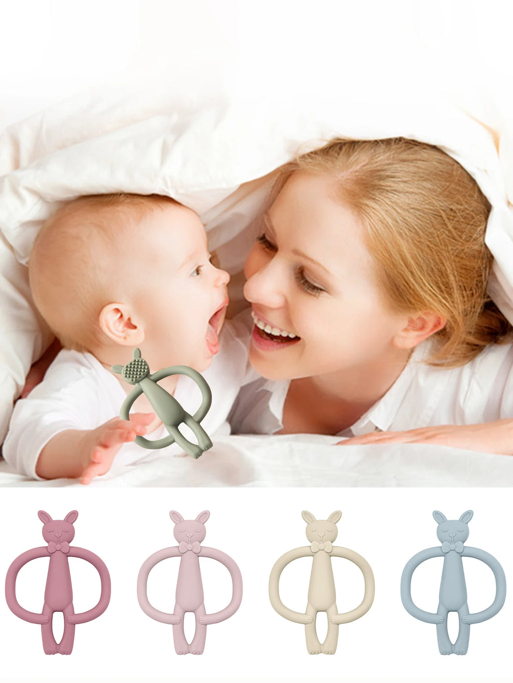 Anneau de Dentition Lapin Silicone - Jouet Mordant Bébé Coloris Pastel