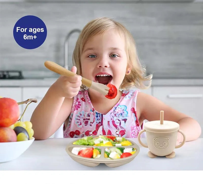 Kit Repas Bébé Silicone Personnalisé - Assiette Bol Tasse Couverts Prénom
