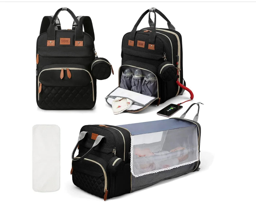 Sac à langer 3 en 1 — Sac à dos imperméable avec lit de voyage & port USB, multifonction