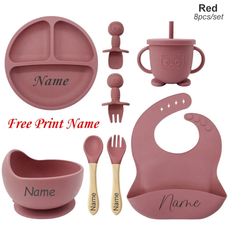 Kit Repas Bébé Silicone Personnalisé - Assiette Bol Tasse Couverts Prénom