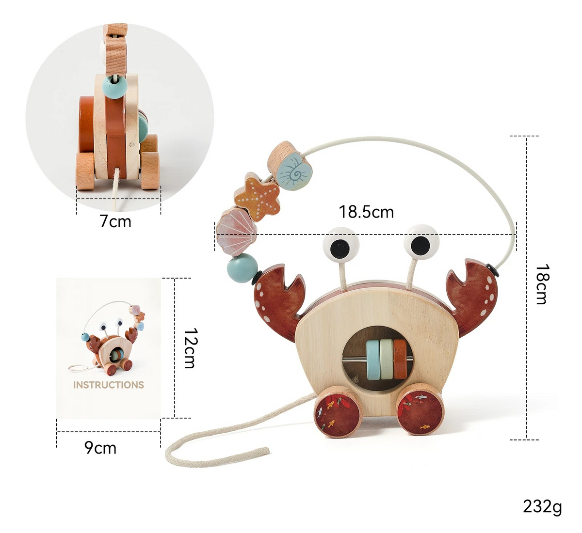 Jouet à Tirer Crabe en Bois – Labyrinthe de Perles Montessori, 1-3 Ans