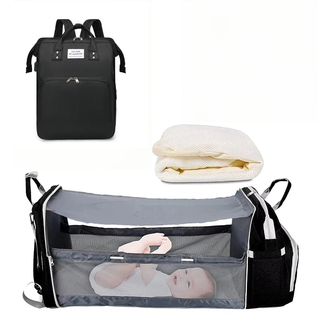 Sac à langer 3 en 1 — Sac à dos imperméable avec lit de voyage & port USB, multifonction