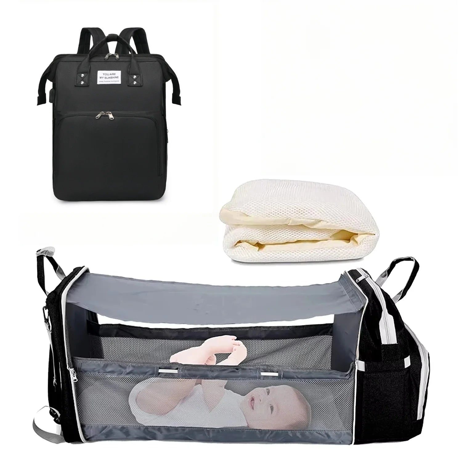 Sac à langer 3 en 1 — Sac à dos imperméable avec lit de voyage & port USB, multifonction