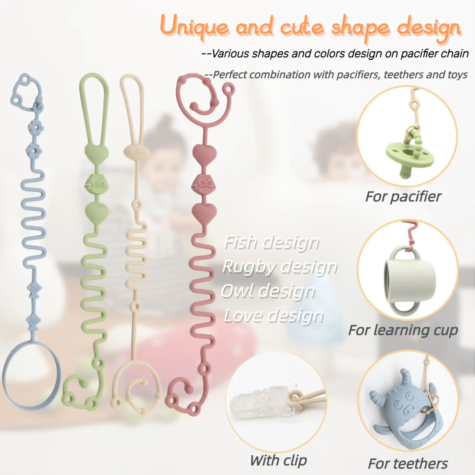 Lot 4 Chaînes de Sucette Silicone - Attache Tétine Ajustable Bébé