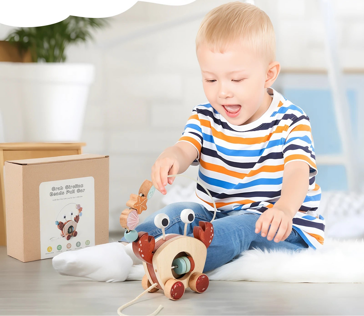 Jouet à Tirer Crabe en Bois – Labyrinthe de Perles Montessori, 1-3 Ans