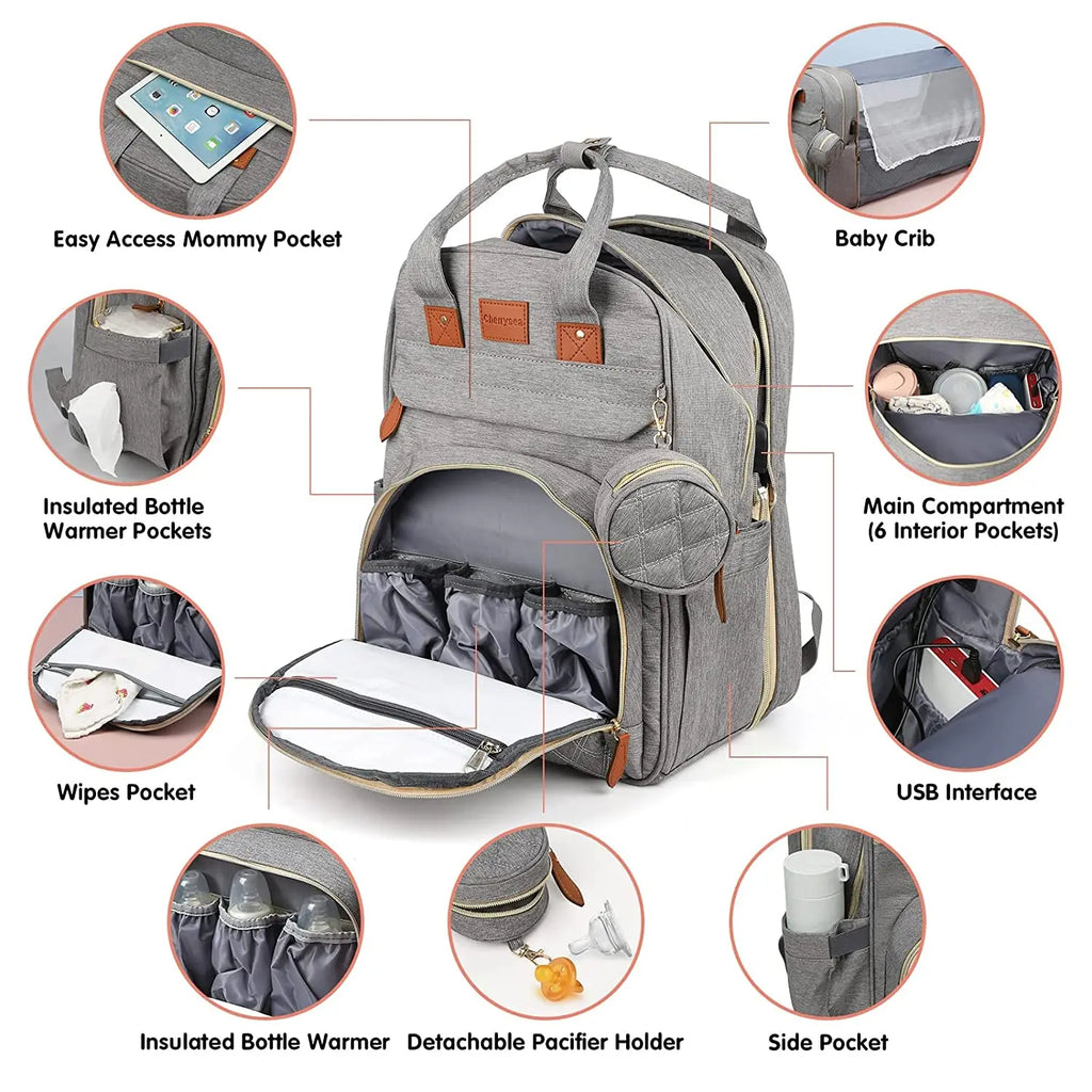 Sac à langer 3 en 1 — Sac à dos imperméable avec lit de voyage & port USB, multifonction