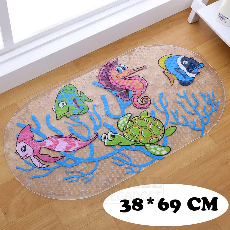 Tapis de bain antidérapant bébé — Motifs rigolos, ventouses, PVC doux 38x69cm